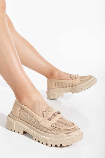 Cansu Ayakkabı Women's Skin Color Knitwear Loafer Stone Buckle Detail Comfortable Daily Shoes