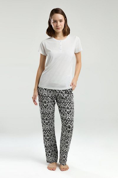 Arnetta Costum de pijama de vară pentru femei, decolteu, mânecă scurtă, nasturi, buzunar