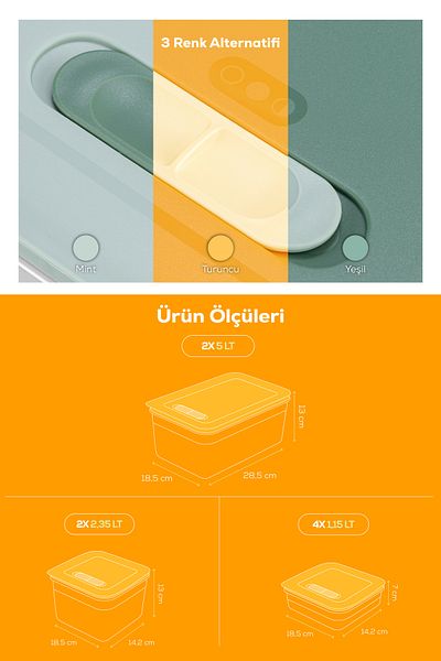 Vienev Adjustable Vegetable and Fruit Storage Container with 8 Air Ducts 4X(1.15 Lt) 2X(2.35-5 Lt) Orange