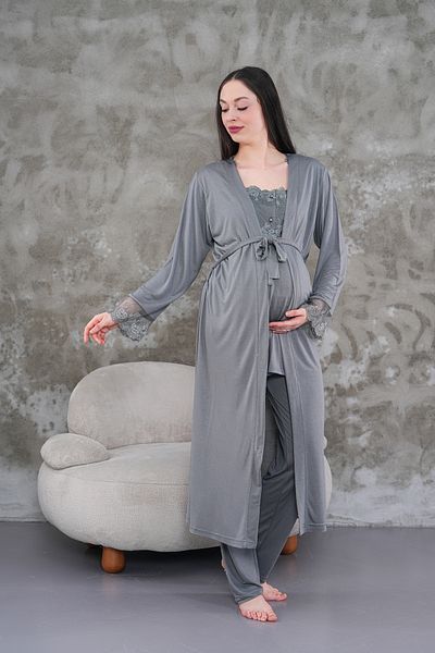 Pelin Women's Gray Lace Maternity Pajama Set with Dressing Gown