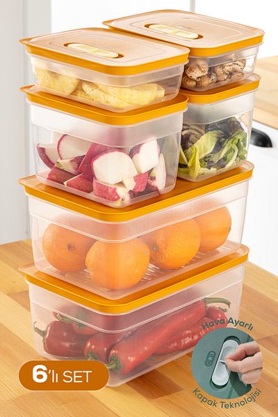 Vienev Adjustable Vegetable and Fruit Storage Container with 6 Air Ducts 2X(1.15-2.35-5 Lt) Orange