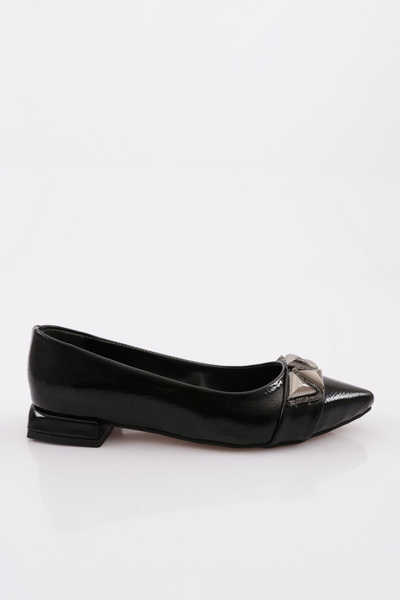 DGN 2805 Women's Pointed Toe Silver Stone Metal Buckle Ballerinas Black Paten...