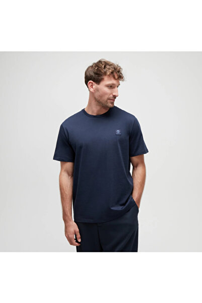Timberland Men's Navy Blue T-Shirt with Woven Logo