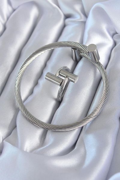 Celira Steel Silver Color Spiral Model Men's Bracelet Ring Combination