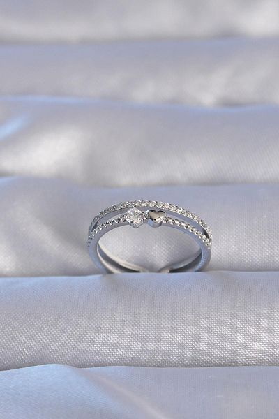 Celira Brass Silver Color Zircon Stone Heart Waterway Model Adjustable Ring