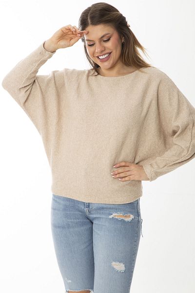 Şans Women's Plus Size Mink Bat Sleeve Self-Striped Wool Viscose Blouse 65N37007