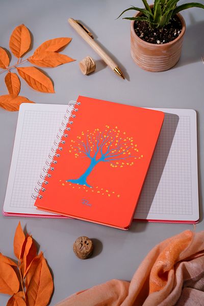 Prestij Tree of Love Neon Orange Checked Notebook with Spiral