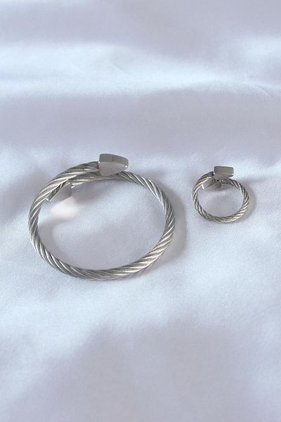 Celira Steel Silver Color Twisted Model Men's Bracelet Ring Set