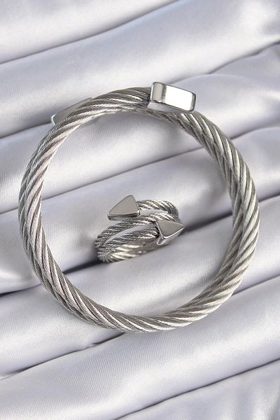 Celira Steel Silver Color Spiral Model Men's Bracelet Ring Combination