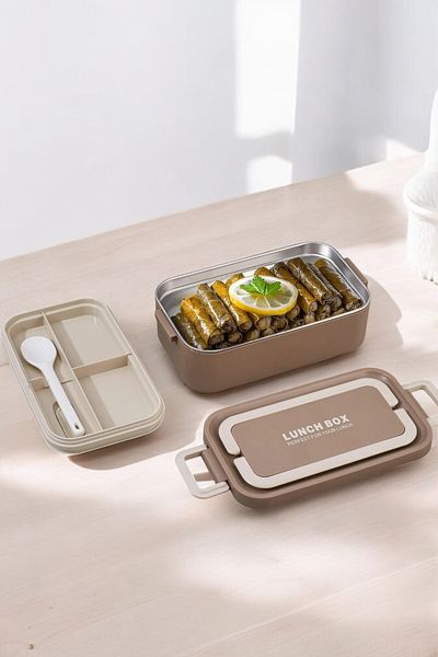 Digithome Bento Portable Stainless Steel Food Container Thermos Lunch Box Rectangular Khaki 1000ml