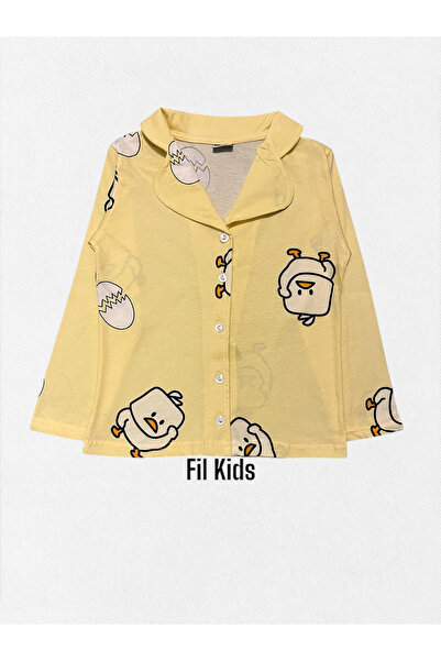 Fil Kids Kız Çocuk %100 Pamuklu Sarı Civciv Yumurta Desenli Gömlek Yaka Düğmeli Mevsimlik Pijama Takımı