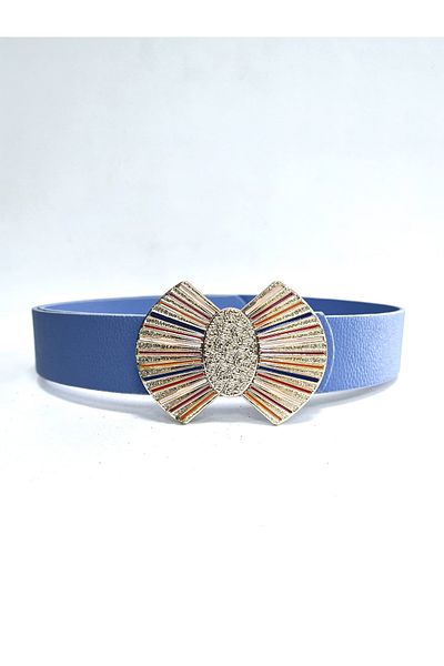 Kemerix Women's Gold Colorful Enamel Plated Blue Belt with Buckle