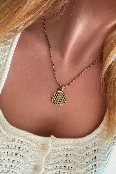 Trendy Butik Steel Twisted Chain Flower of Life Necklace with Evil Eye