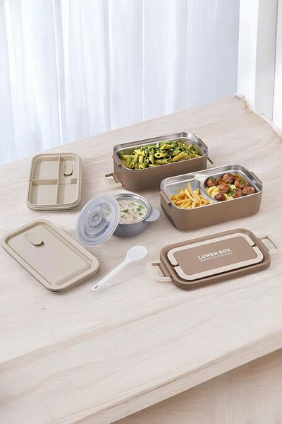 Digithome Bento 2 Layer Portable Stainless Steel Food Container Thermos Lunch Box Khaki 2000ml