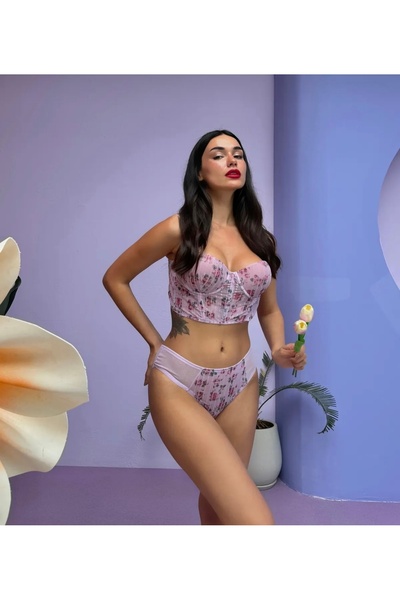 BanaTAP Floral Printed Lilac Glitter Bustier Set