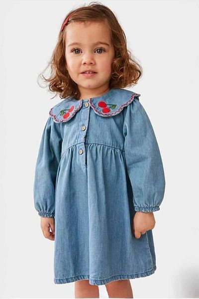Minigimin Cicileri Rochie albastră din denim cu detaliu cu guler și dungi de cireșe