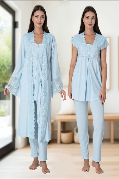 Pelin Set de pijamale de maternitate pentru femei, albastru, cu rochie de maternitate