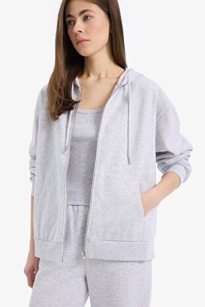 DeFacto Relax Fit Hooded Pocket Basic Plain Zippered Sweatshirt C1809Ax25Sp