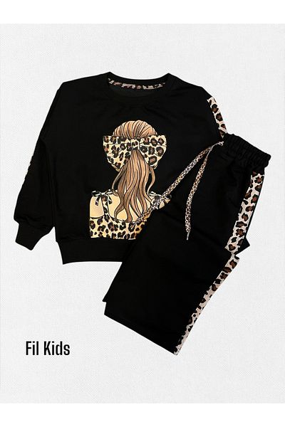 Fil Kids Κοριτσίστικο 100% βαμβακερό μαύρο λεοπάρ μοτίβο μακρυμάνικο φαρδύ πόδι φόρμα