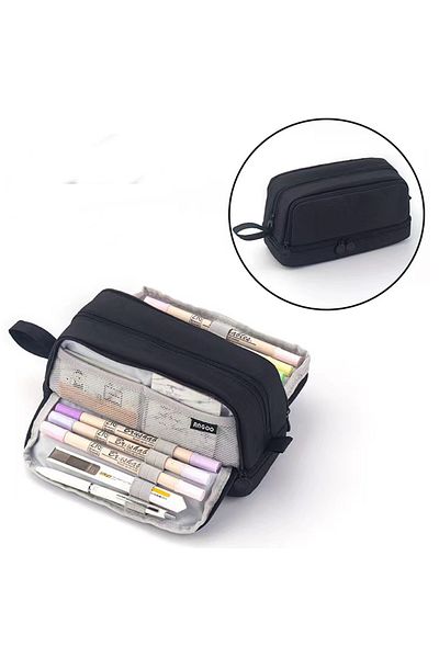 Choice Black Large Capacity Pencil Case Simple Solid Color Stationery Box Double Layer Multifunctional Pen