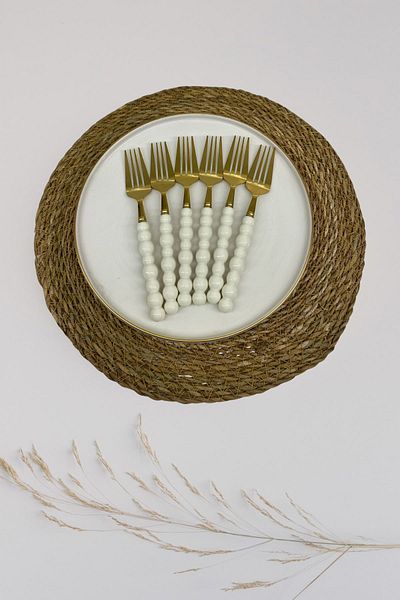 BEYZANA 6 Pieces White Plastic Pearl Stone Detailed Gold Dinner Cutlery Set |   6 Piece Luxury Dinner Fork Set