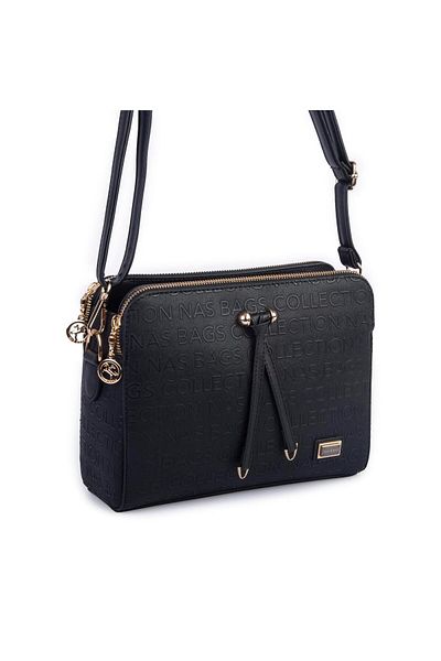 Nas Bag Geantă de cruce elegantă reglabilă cu trei ochi, negru în relief