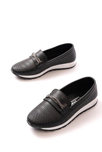 Saks Gardrop Παπούτσια μπαλαρίνας Orthopedic Daily Soft Γυναικεία Μαύρα Δέρμα με διάτρητη πέτρα με πόρπη