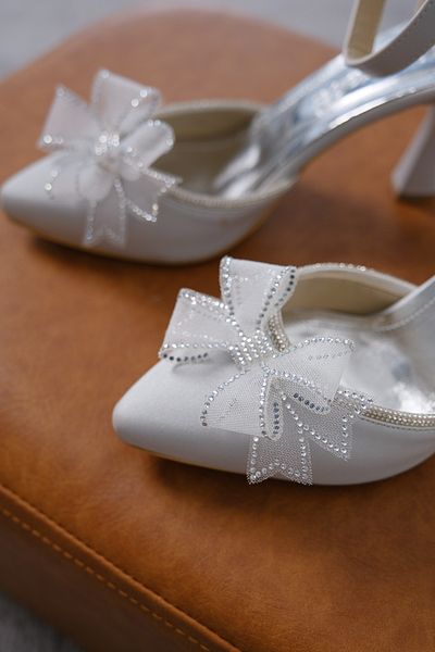 BAKGİY Gray Satin Women's Stoned Tulle Bow Stylish Evening Dress Heeled Shoes