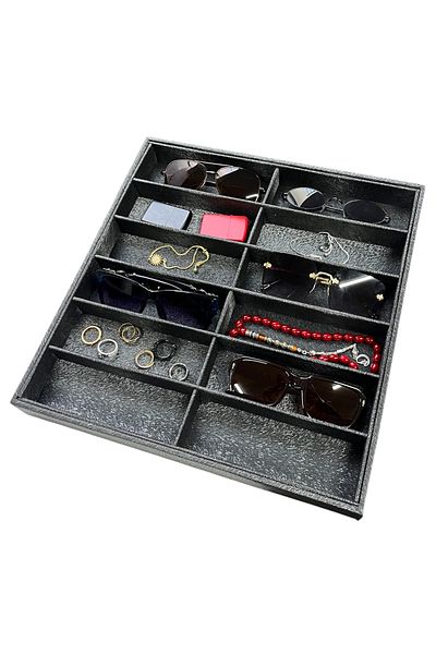 Polo Cross Glasses Jewelry Stand 12 Compartments Suede Fabric Gray Color Inside the Drawer 36-38 cm