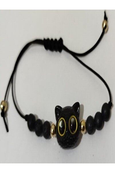 Home kedi charm figürlü doğal lav taşlı asansörlü bileklik