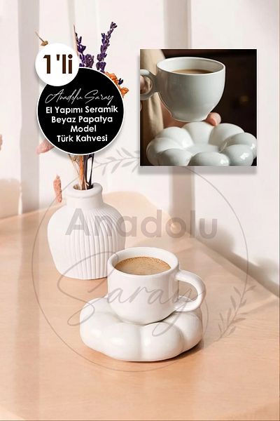 Anadolu Saray 1Pcs Handmade Ceramic White Daisy Model Handmade Turkish Coffee Cup Set 90ml
