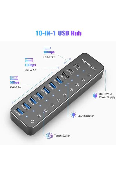 Choice محول قابس أمريكي من RSHTECH موزع USB مزود بـ 10 منافذ USB C بقوة 60 وات مع منافذ نقل بيانات بسرعة 10 جيجابت في الثانية