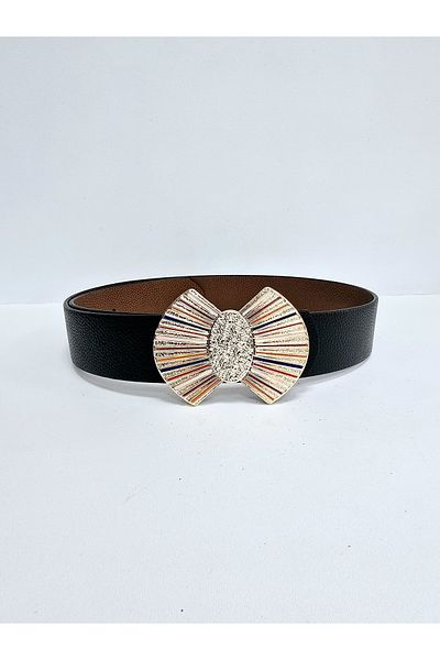 Kemerix Women's Gold Colorful Enamel Plated Buckle Reversible Black-Tan Belt