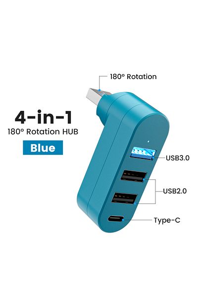 Choice موزع Blue Elough Mini 180° قابل للدوران 4 منافذ USB 3.0 2.0 من النوع C لنقل البيانات بسرعة عالية ومقسم U Disk