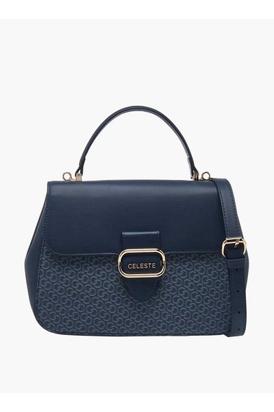 Celeste Monogram Print Satchel Bag with Grab Handle and Button Closure