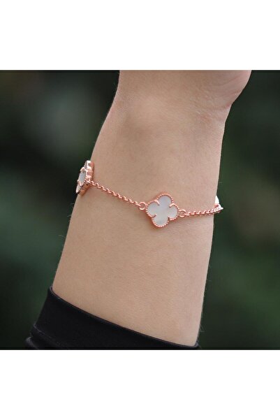 Necati Gün İkonik Alhambra Sedef Taşlı Rose Gold Kaplama Gümüş Bileklik