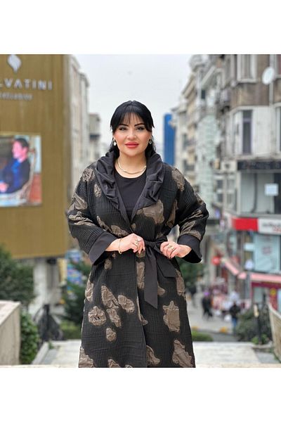 mardi exclusive Women's Plus Size Black Jacquard Kaftan Trench