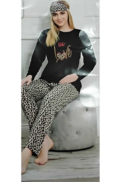 MODA Leopar desenli siyah uyku gözlüğü hediyeli welsof polar pijama takımı