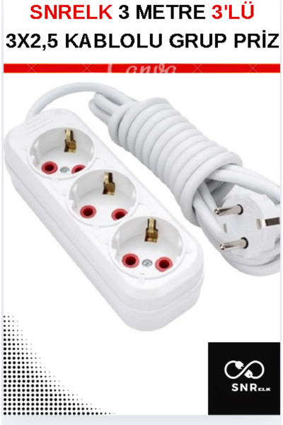 SNRELK 3 METRE 3'LÜ CCA KABLOLU  DÜZ TOPRAKLI FİŞLİ GRUP PRİZ