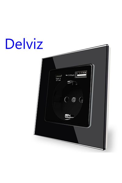 DELVIZ Black (Type-C USB) Delviz EU standard USB Socket, Crystal glass panel,1A1C dual interface smart quic