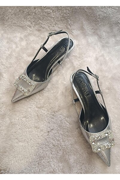 RUXENE Dusk Silver Buckle Detailed Polka Dot Pointed Toe 4 cm Heel Shoes