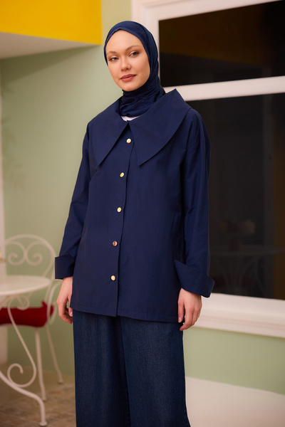 LOCCO Жіноча сорочка з золотими ґудзиками та поясом, темно-синя