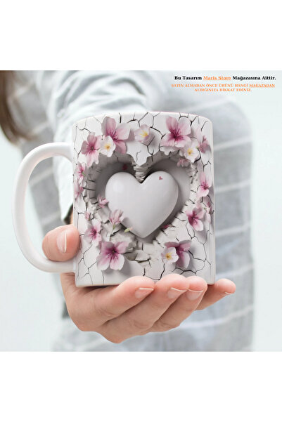 MARİS STORE Çiçekli Kalp Baskılı 3D Efektli Hediyelik Kupa Bardak