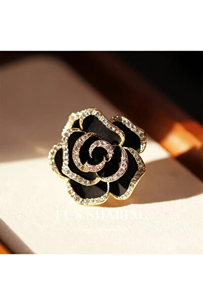 begüm jewelery ZİRKON TAŞLARLA SÜSLÜ SİYAH GÜL ÇİÇEĞİ TASARIMLI BROŞ