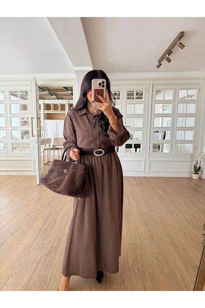 My Blog Brown Pocketed Shirt Skirt Linen Set - 8601