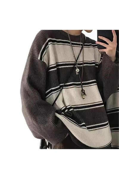 Köstebek Brown Vintage Striped Crew Neck Sweater