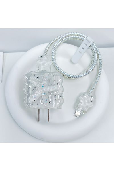 Choice WHITE Shimmering Crystal Star USB Cable Data Line Protector Cover For iPhone 18/20W Fast Charging Ca