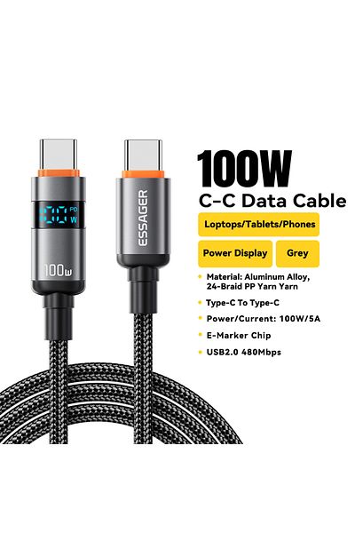 essager 1m 100W C -C Gray 100W Type C to Type C Cable 5A PD Fast Charging USB C to USB C Display Ca