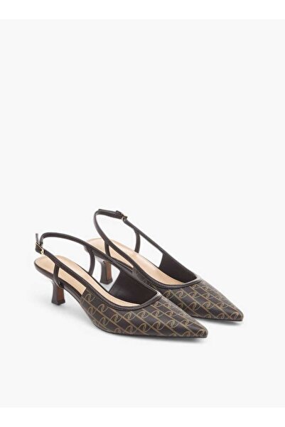 Paprika Monogram Print Slingback Shoes with Kitten Heels and Buckle Closure