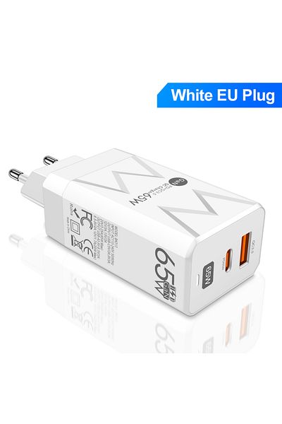 Maerknon شاحن غان أبيض بمقبس أوروبي PD 65 واط لأجهزة iPad والكمبيوتر المحمول ومحول USB Type C للشحن السريع Qc3.0 من نوت بوك